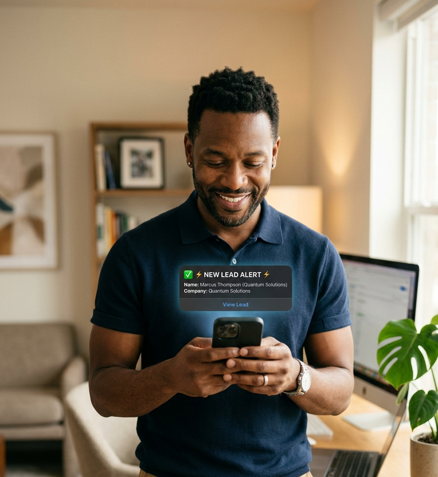 Real-time lead notification showing a mortgage borrower inquiry triggering an instant AI-powered response via BrokerAI System